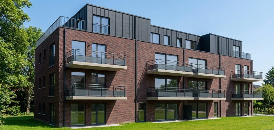 Rendu 3D de Vennes 65 à Liège : l’immeuble en brique vu de trois quarts