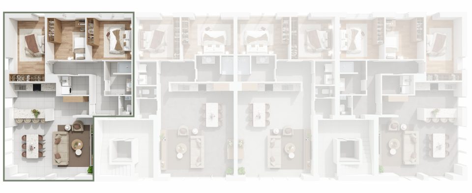 Plan du rez-de-chaussée de Vennes 65 : situation de l’appartement 1 dans l’immeuble