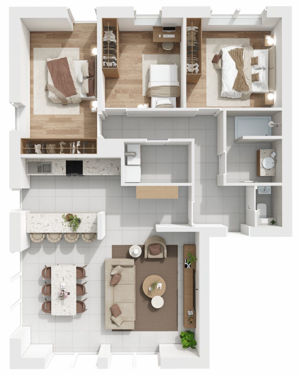 Plan 3D de l’appartement 1, 3 chambres, rez-de-chaussée, Vennes 65 à Liège