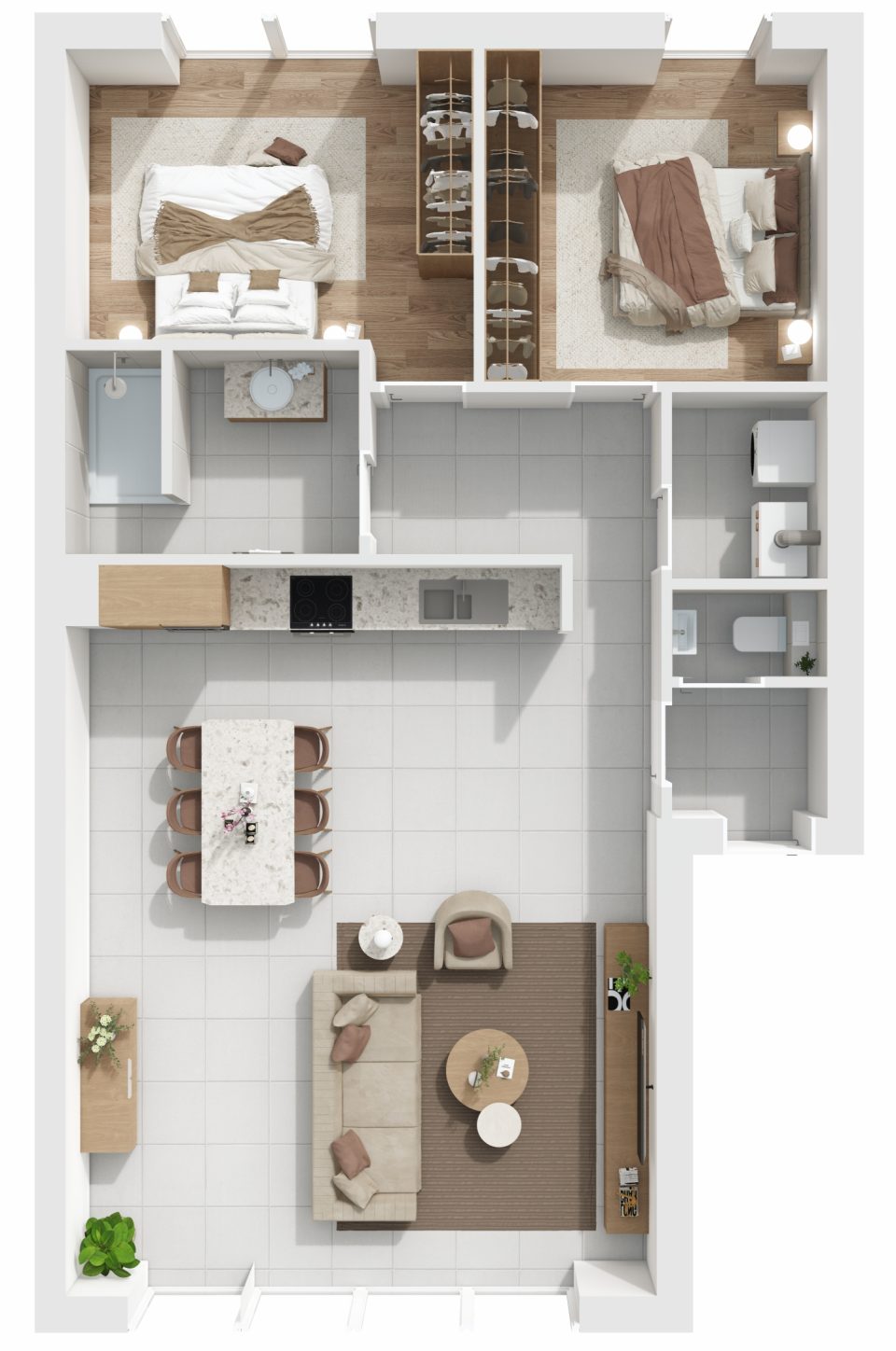 Plan 3D de l’appartement 11, 2 chambres, 2e étage, Vennes 65 à Liège