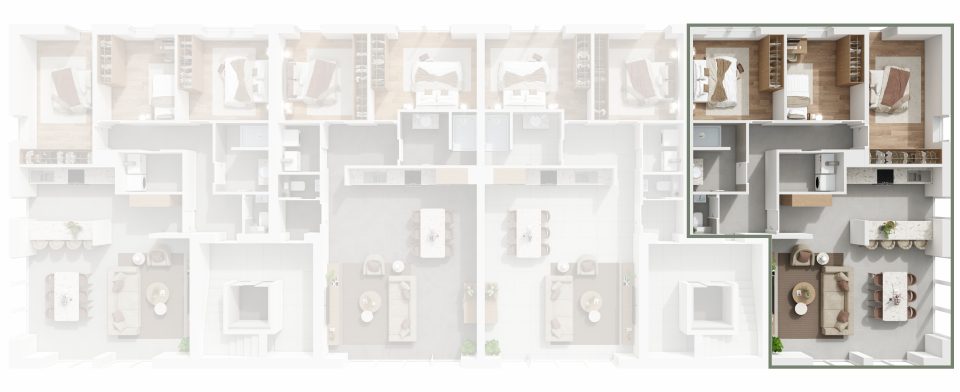 Plan du 2e étage de Vennes 65 : situation de l’appartement 12 dans l’immeuble