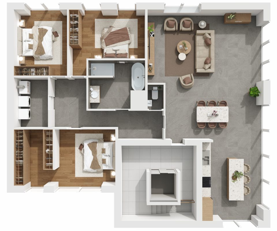 Plan 3D de l’appartement 14, 3 chambres, 3e étage, Vennes 65 à Liège