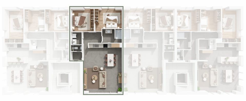 Plan du rez-de-chaussée de Vennes 65 : situation de l’appartement 2 dans l’immeuble