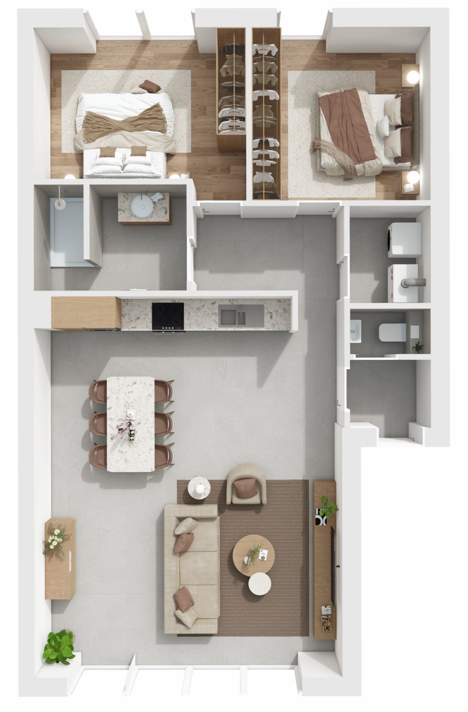 Plan 3D de l’appartement 3, 2 chambres, rez-de-chaussée, Vennes 65 à Liège