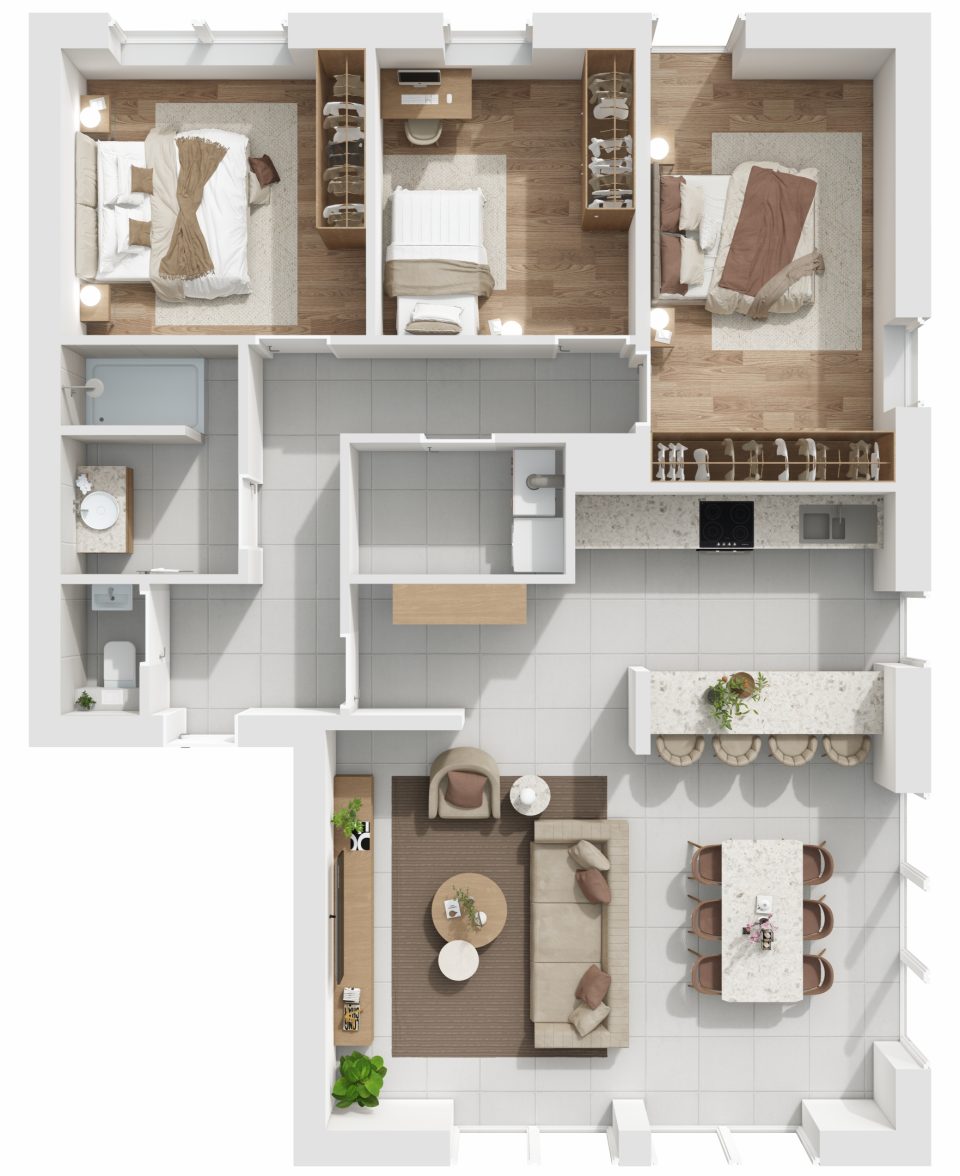 Plan 3D de l’appartement 8, 3 chambres, 1er étage, Vennes 65 à Liège