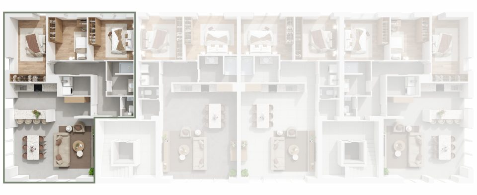Plan du 2e étage de Vennes 65 : situation de l’appartement 9 dans l’immeuble