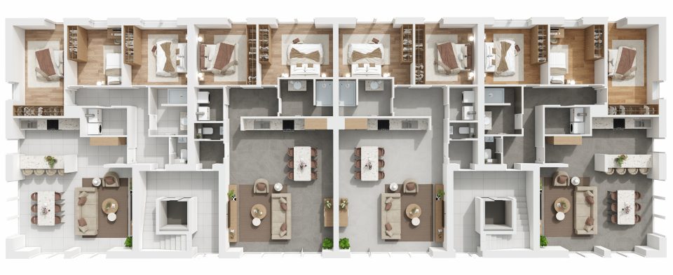 Plan 3D du rez-de-chaussée de Vennes 65 à Liège : quatre appartements
