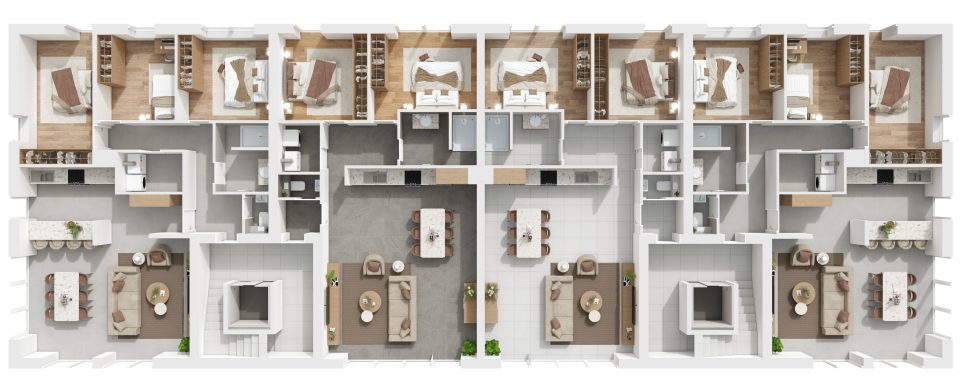 Plan 3D du 2e étage de Vennes 65 à Liège : quatre appartements