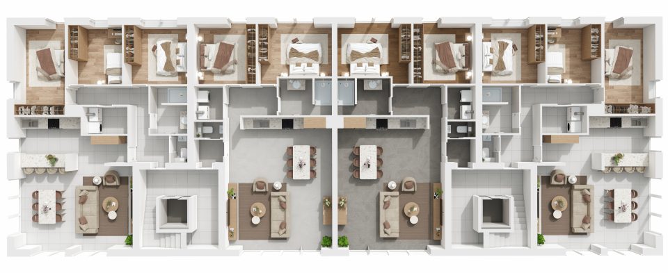 Plan 3D du 1er étage de Vennes 65 à Liège : quatre appartements