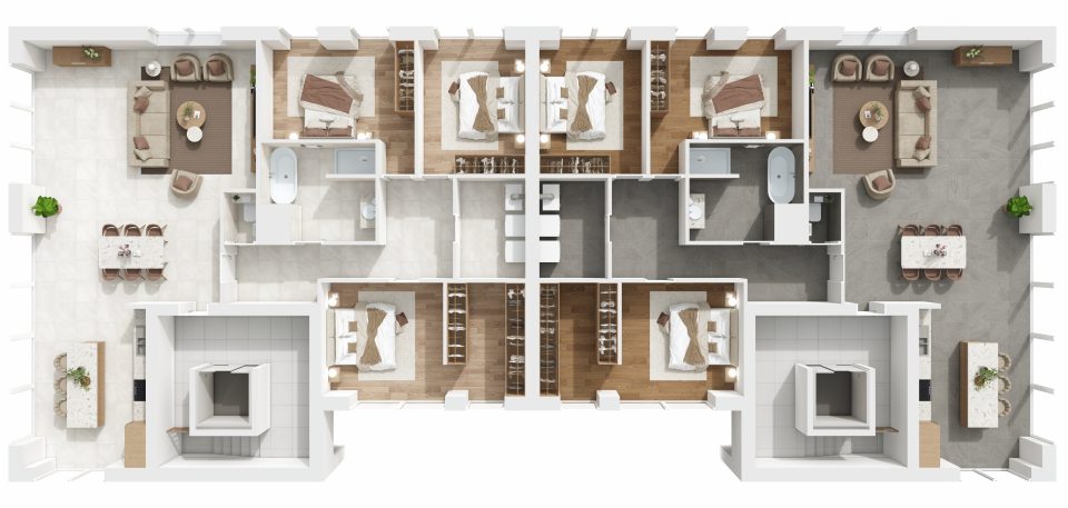 Plan 3D du 3e étage de Vennes 65 à Liège : deux appartements
